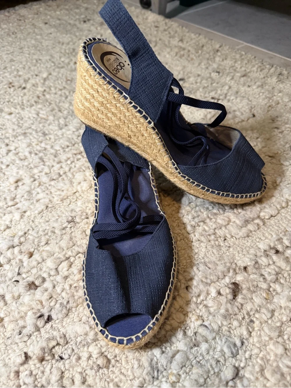 Abeo Navy Espadrille Slingback Wedge with Ankle Wrap